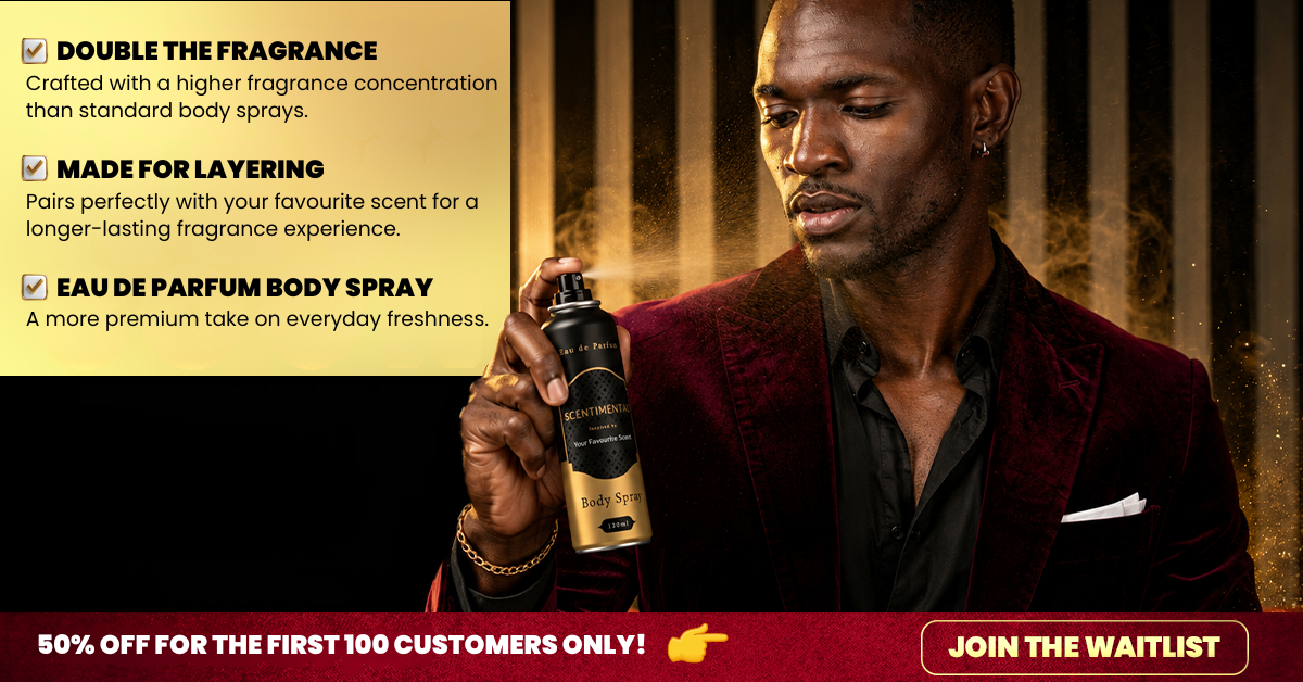 Confident South African man wearing a Scentimental Eau de Parfum body spray, with overlaid benefits: double the fragrance concentration, made for layering, premium take on everyday freshness, 50 percent off for the first 100 customers
